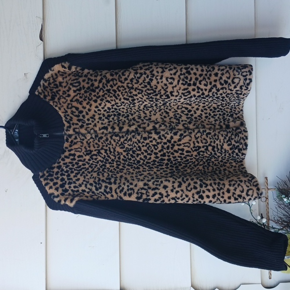 Parkhurst faux fur animal print sweater jacket coat womens size medium full zip